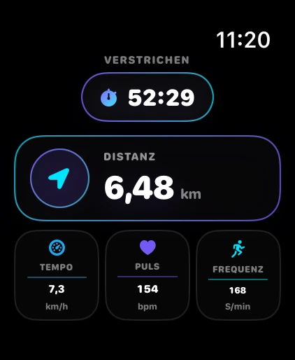 Ballers Club auf Apple Watch mit Zeit, Distanz, Tempo, Herzfrequenz und Schrittfrequenz