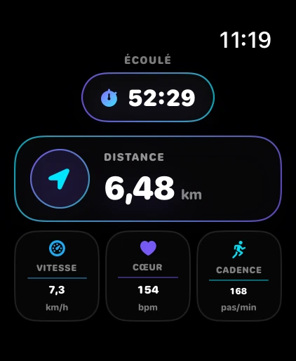 Ballers Club sur Apple Watch avec durée, distance, vitesse, fréquence cardiaque et cadence