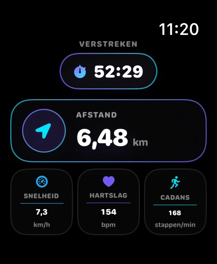 Ballers Club op Apple Watch met tijd, afstand, snelheid, hartslag en cadans
