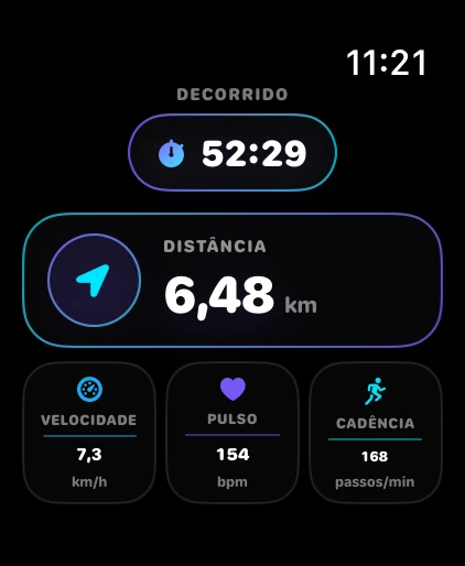 Ballers Club no Apple Watch com tempo, distância, velocidade, frequência cardíaca e cadência